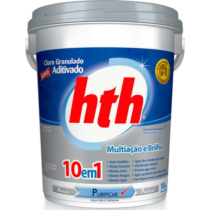 Cloro hth Hipoclorito Aditivado Multi Ação e Brilho 10 em 1 balde 10kg